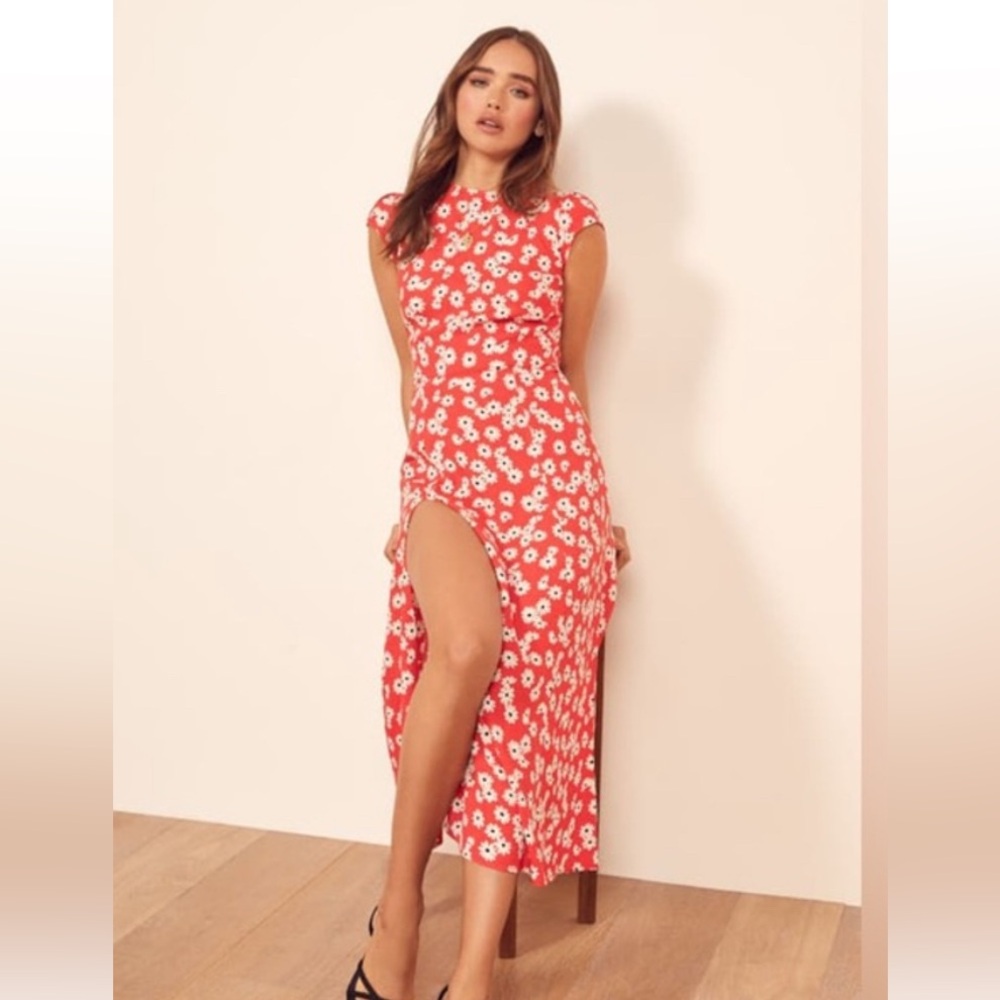 Reformation red daisy dress with slit